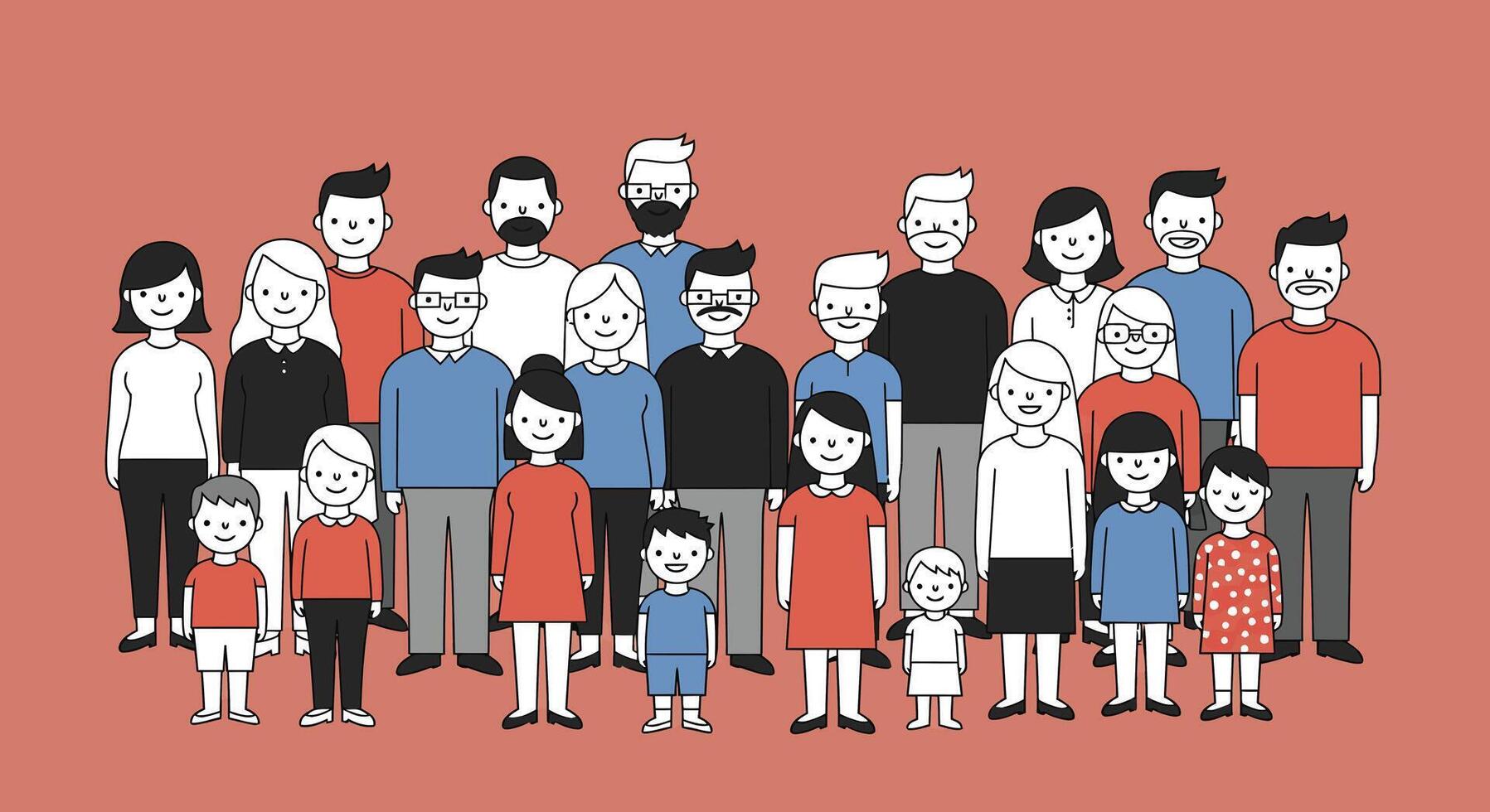Group of diverse characters in flat design showcasing family dynamics in art vector