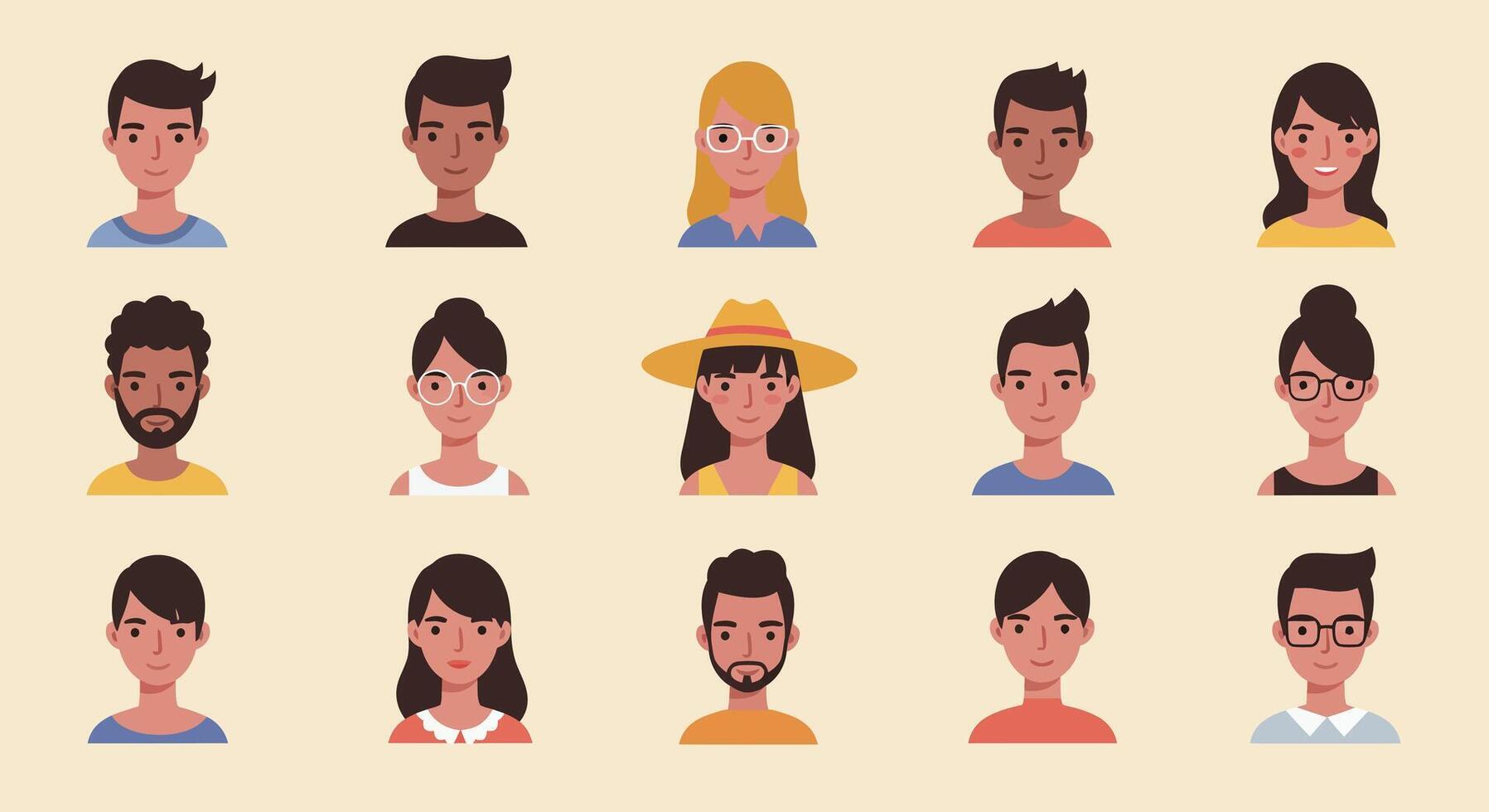 Diverse group of people in flat style art showing different facial expressions and hairstyles vector