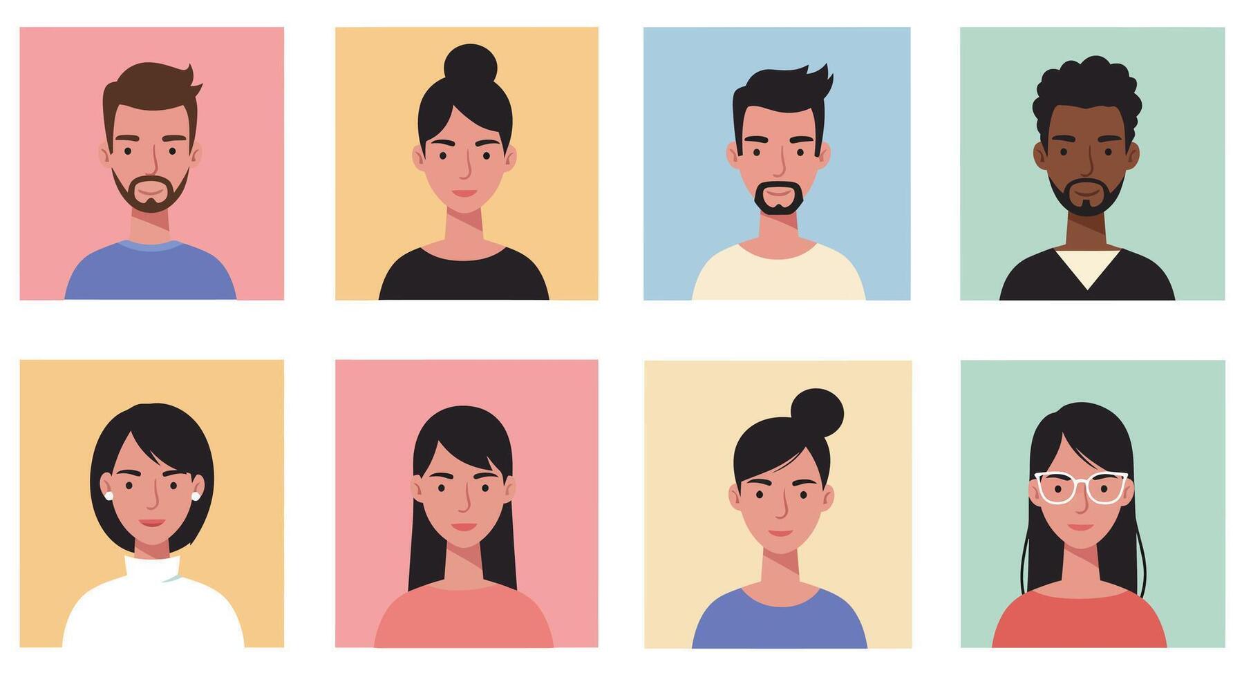 Diverse group of people with various expressions in flat illustration vector