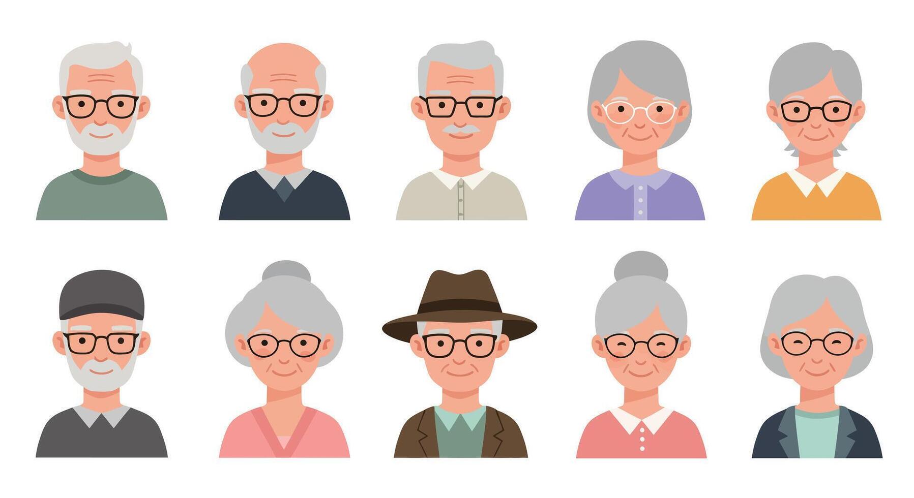 Elderly people character design in flat style showcasing different expressions and attire illustration vector