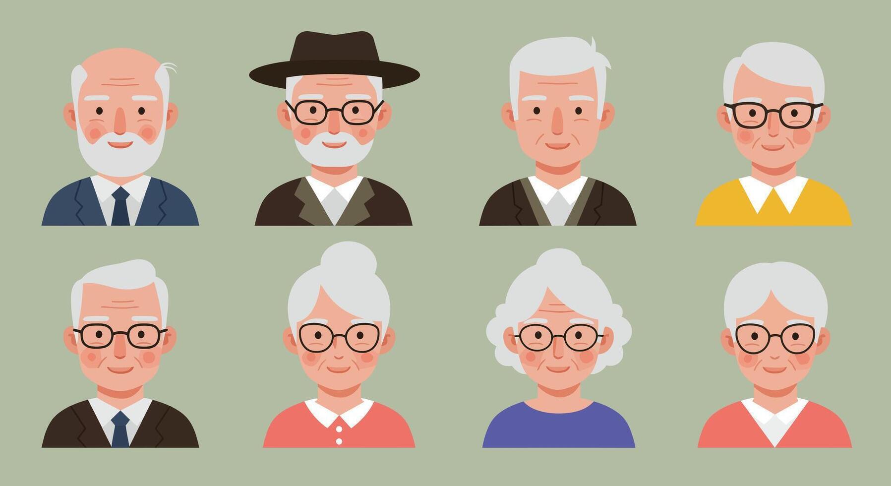 Senior characters showcasing diverse expressions in flat illustration style art vector
