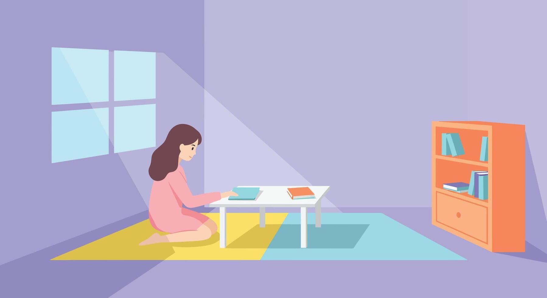 Woman sitting at table enjoying meal in minimal flat art vector