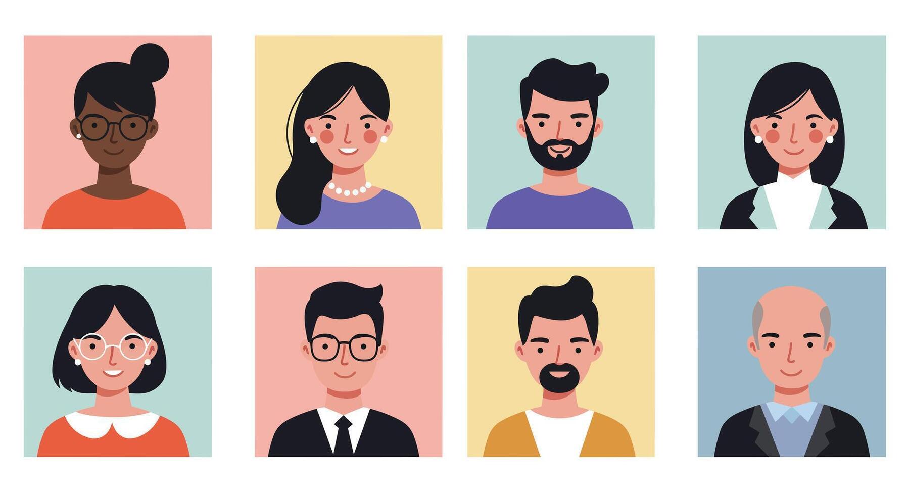 Diverse group of people illustrated in flat style with vibrant colors and varied expressions art vector