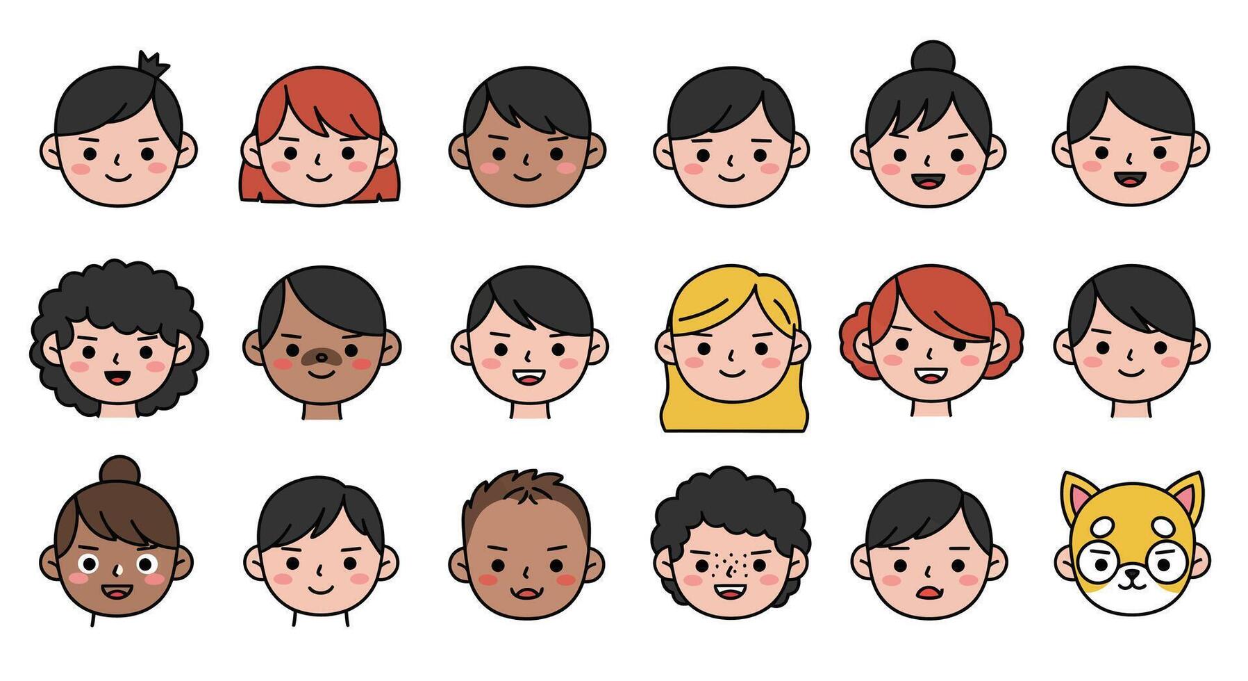 Diverse collection of character faces in flat design style art vector
