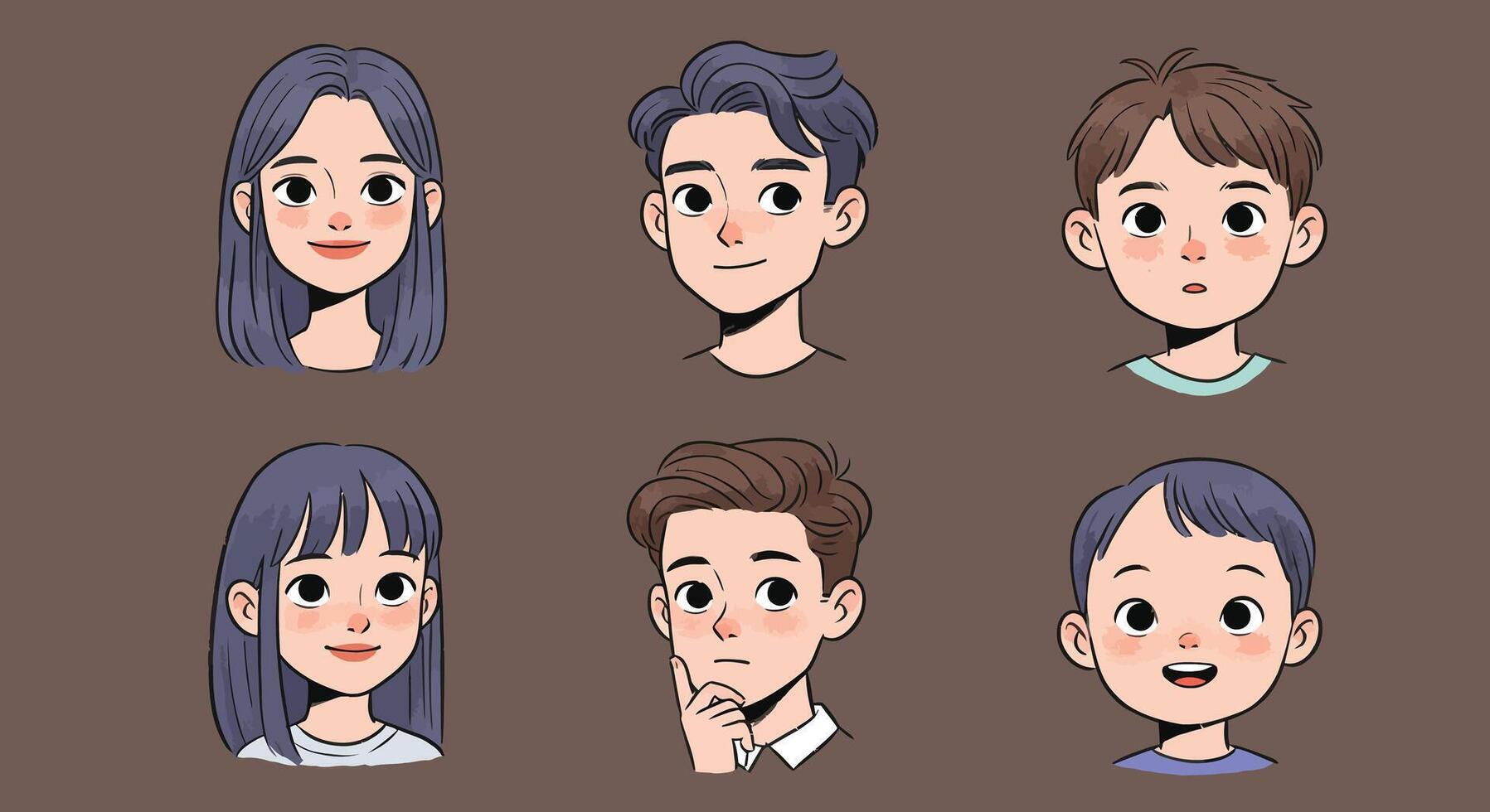 Six expressive character faces in flat style showcasing diverse emotions illustration vector