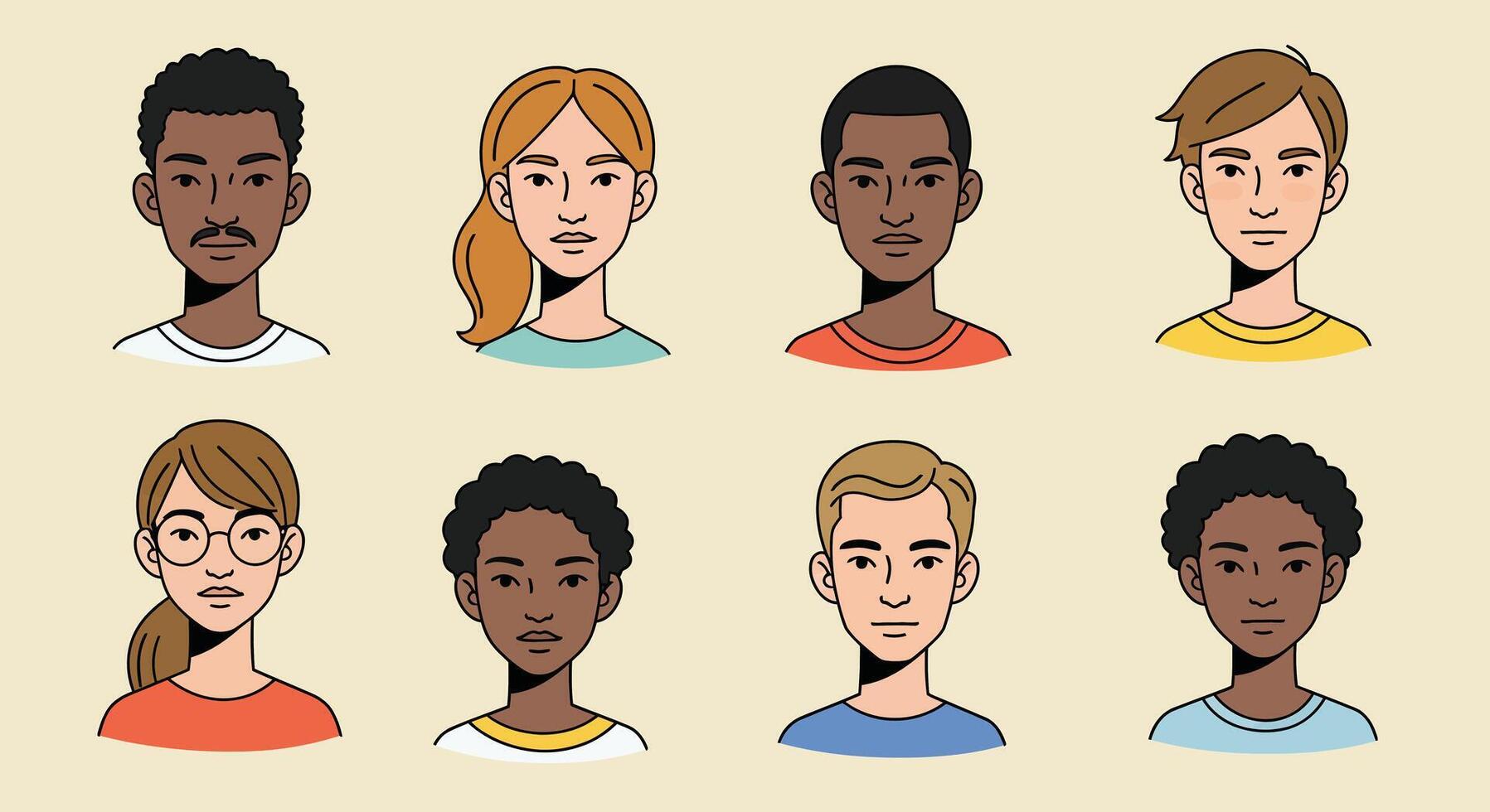 Diverse group of young people in flat art style showcasing expressions and emotions in illustration vector