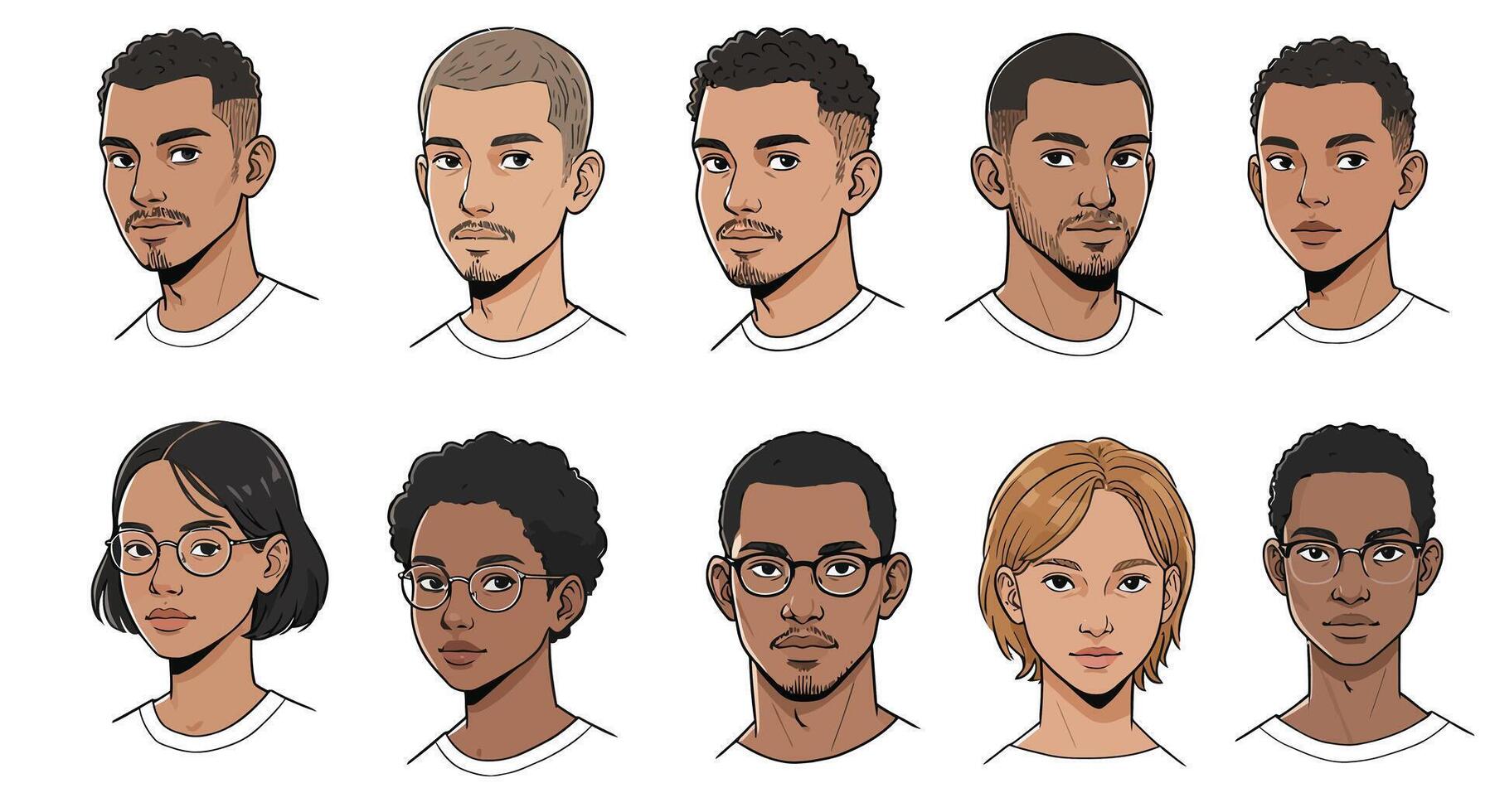 Diverse group of young adults showing different hairstyles in flat art vector
