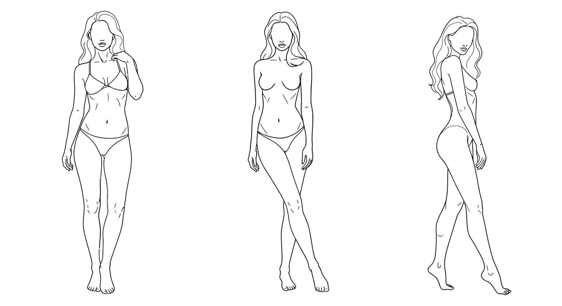 Elegant female figure in three poses showcased in minimal illustration vector