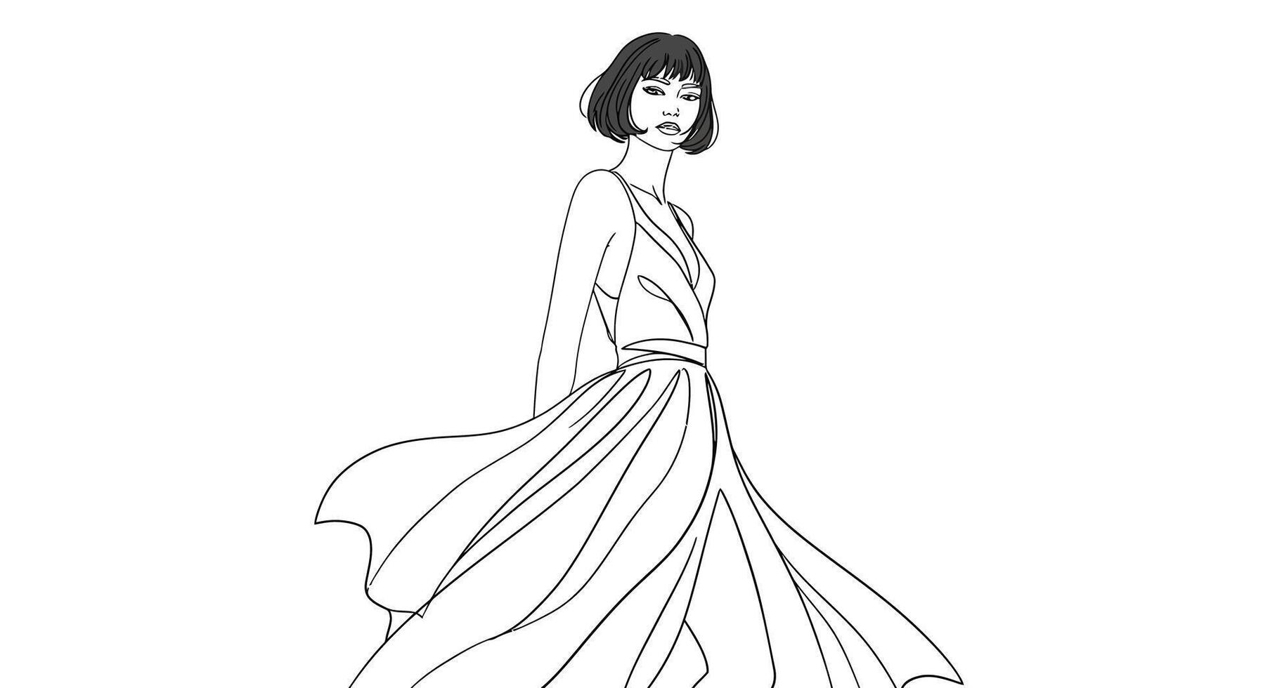 Elegant woman in flowing dress transitioning with minimal line style art vector