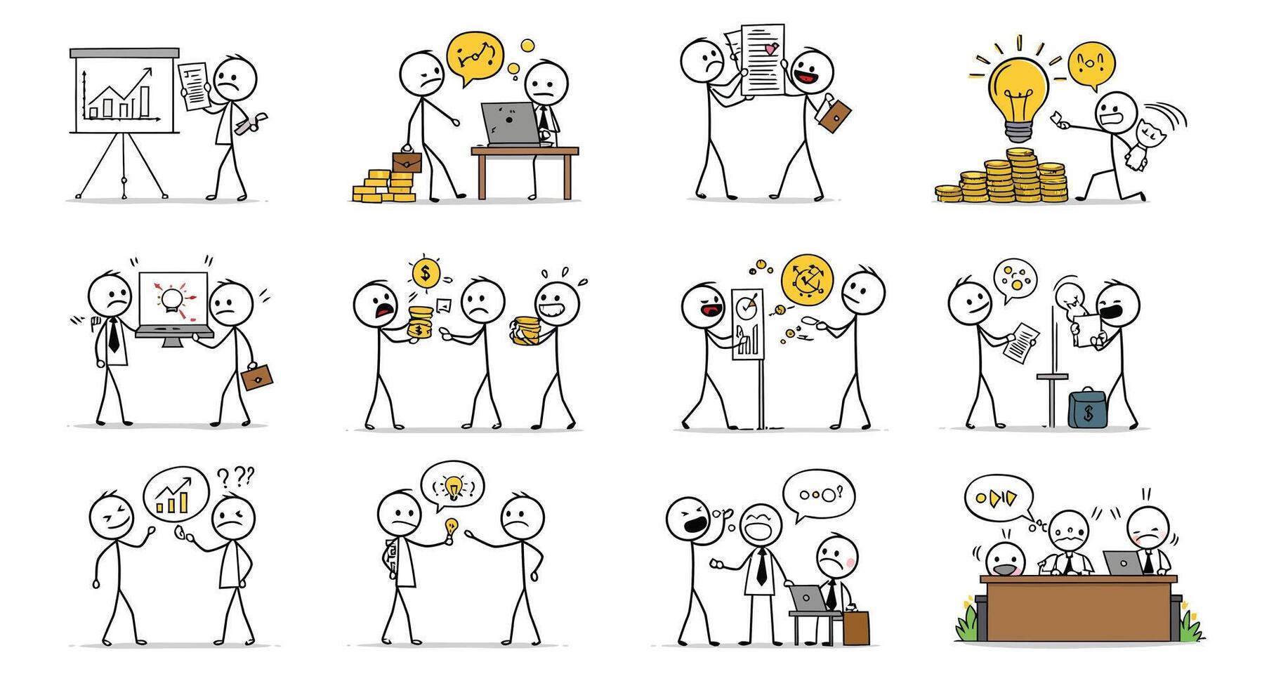 Stick figure characters in various work scenarios showcasing ideas and teamwork in flat art vector