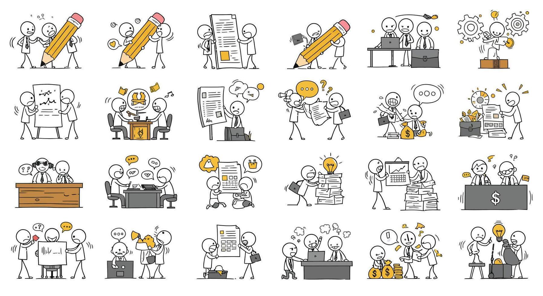 Business characters collaborating in different scenarios with minimal design elements in illustration vector