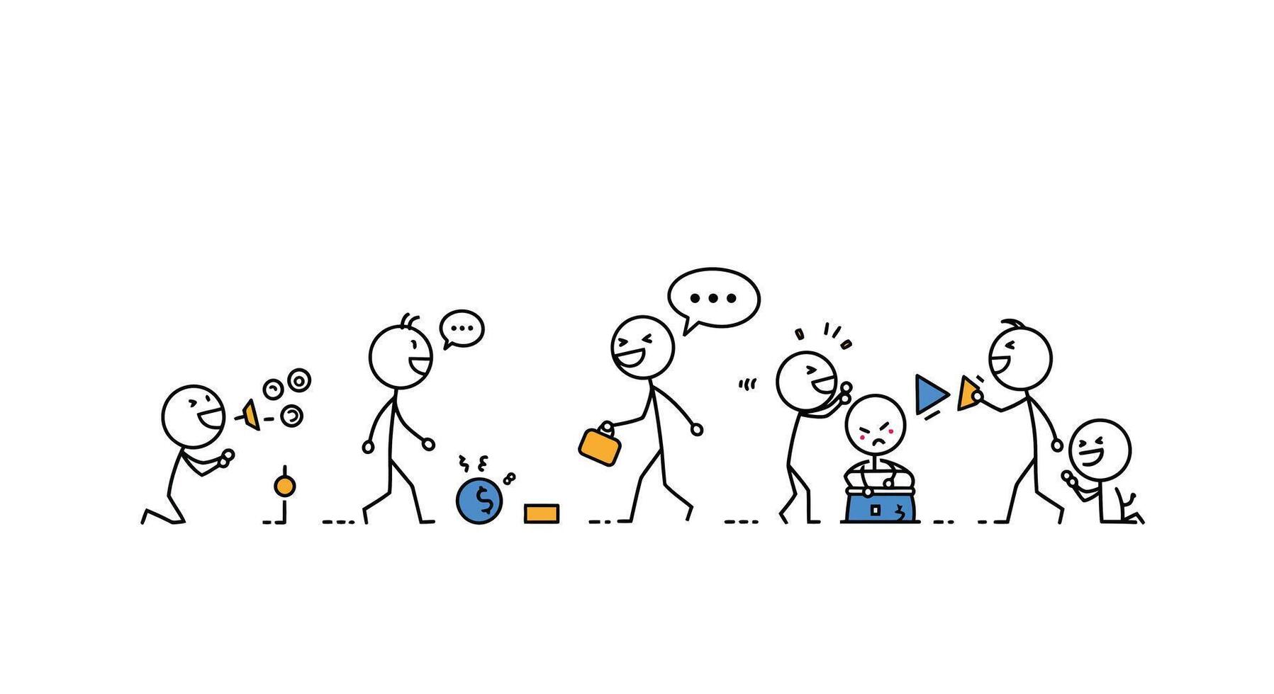 Simple stick figure characters interacting in flat minimal art illustration vector