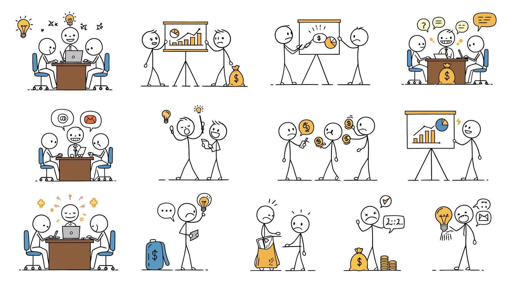 Stick figure characters interacting in office scenes with flat design art vector
