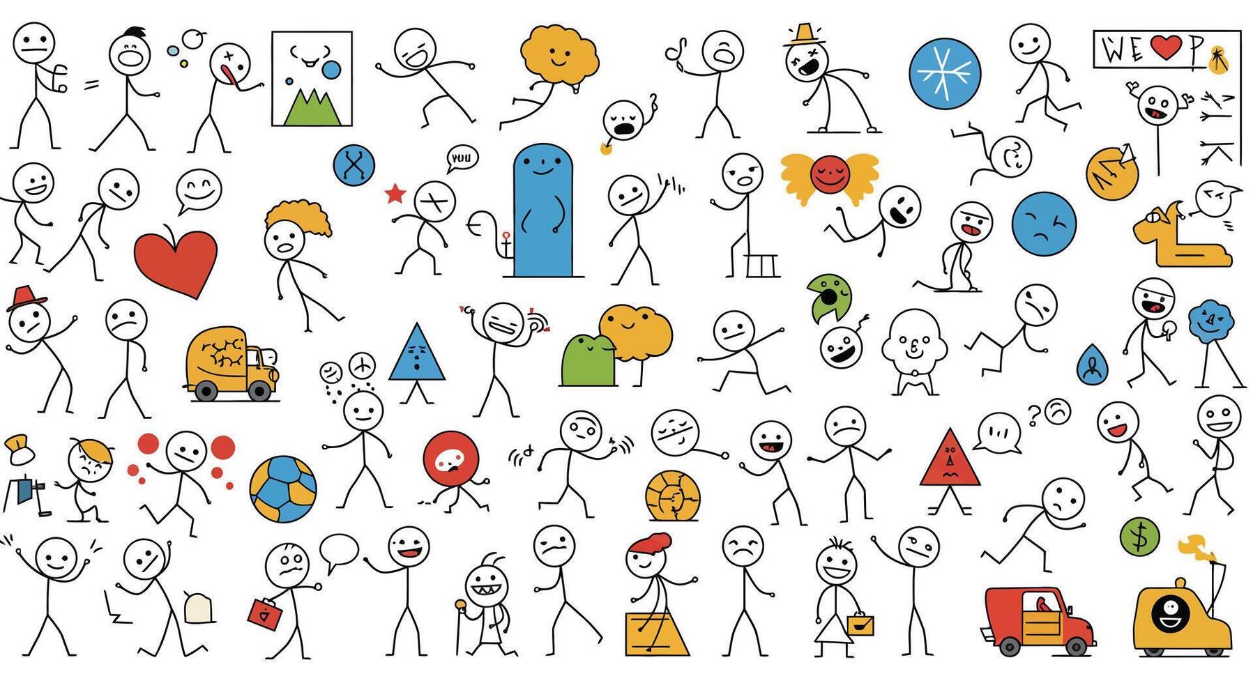 Stick figure characters engaging in activities with flat design elements in colorful illustration vector