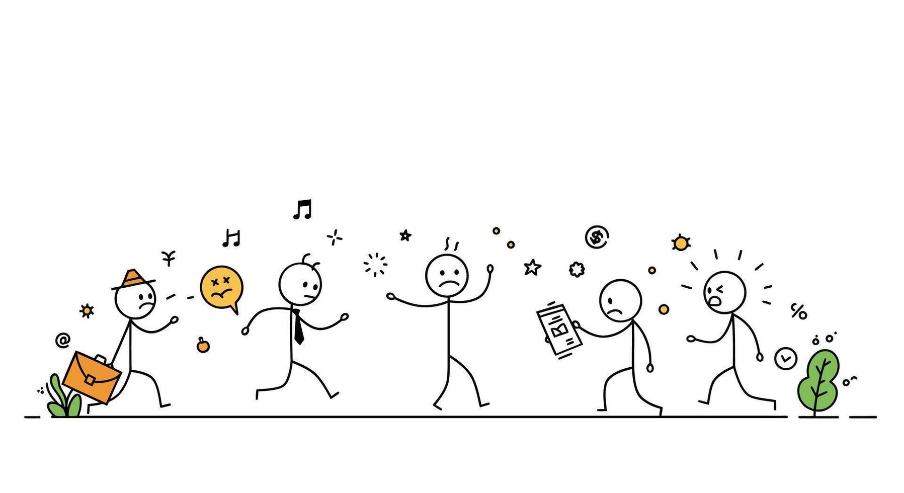 Stick figure characters expressing emotions in detailed flat art illustration vector