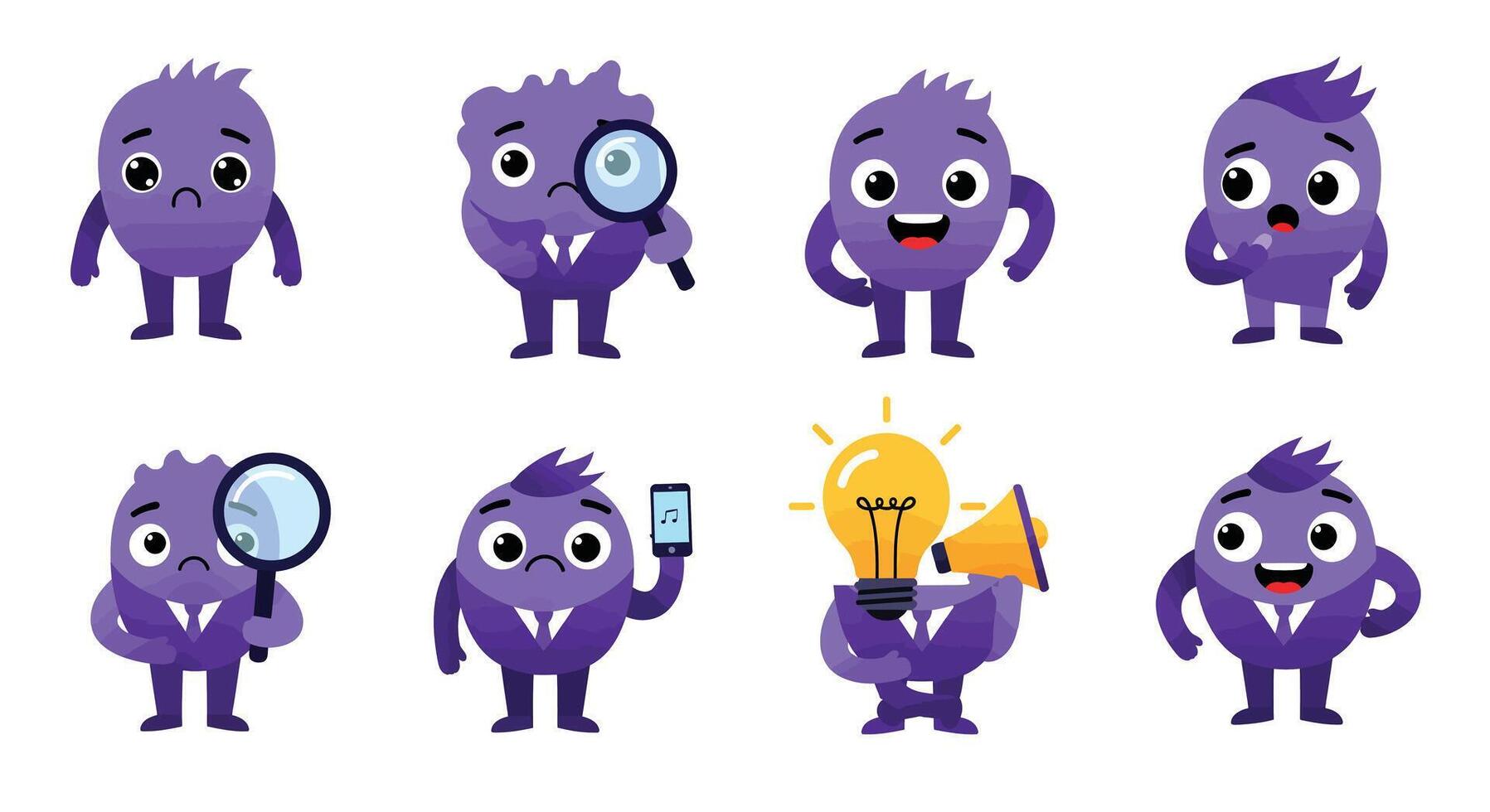 Purple creature character expressions in minimal style showcasing emotions and actions in art vector
