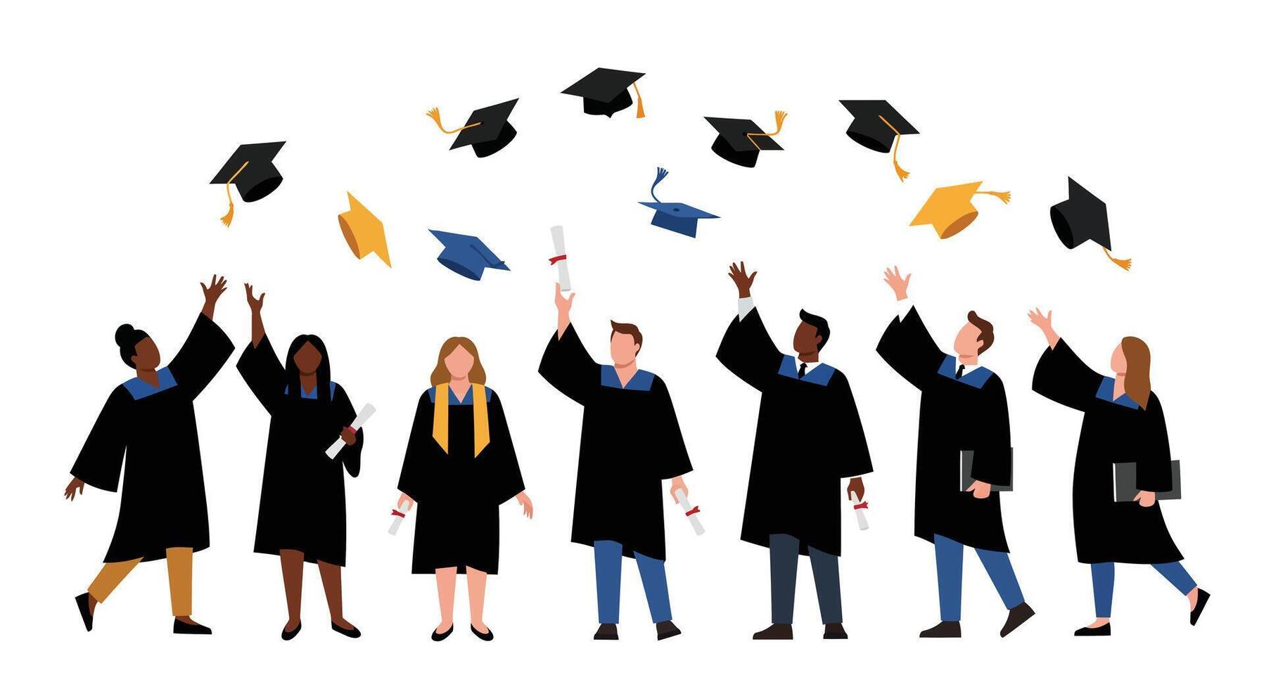 Graduates celebrating with caps flying in a joyful scene, flat illustration vector