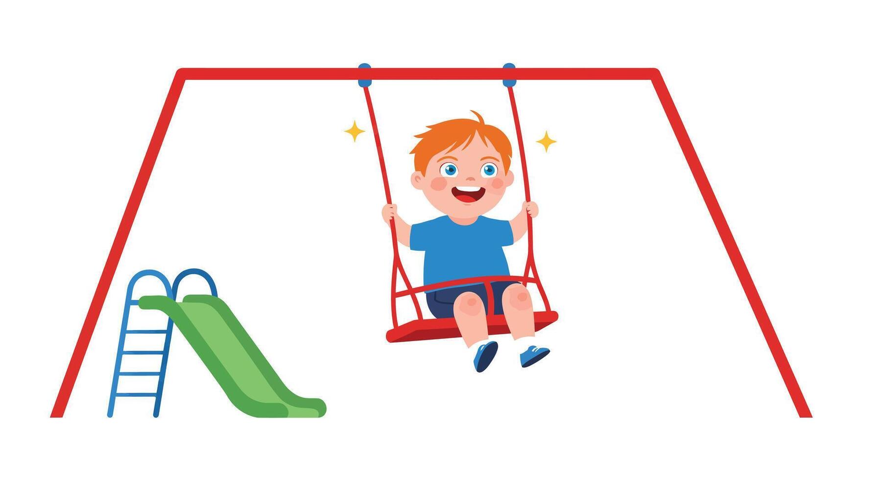 Happy child swinging joyfully on a playground swing in flat art vector