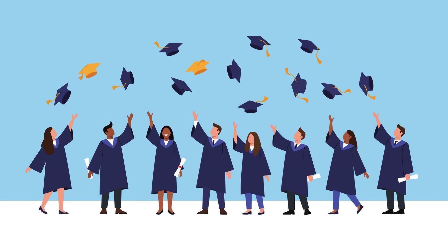 Graduates celebrating with caps in flat illustration of joyful ceremony vector