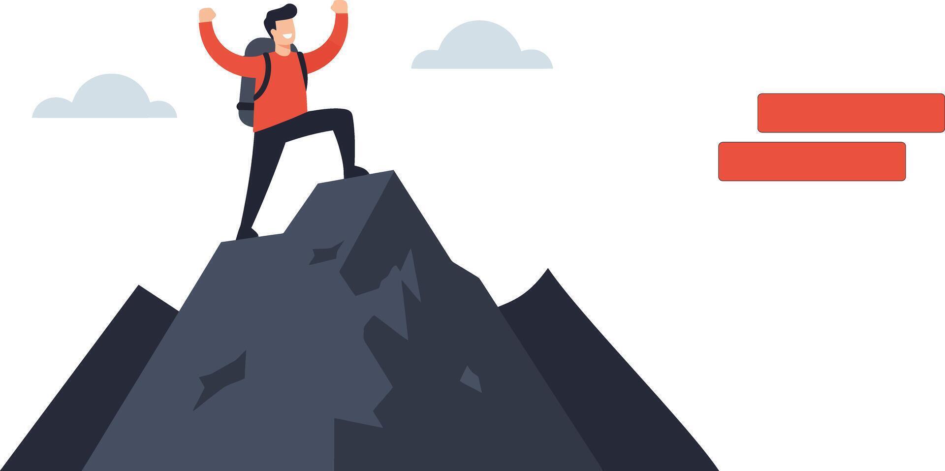 Person celebrating on a mountain peak in a minimal flat illustration vector
