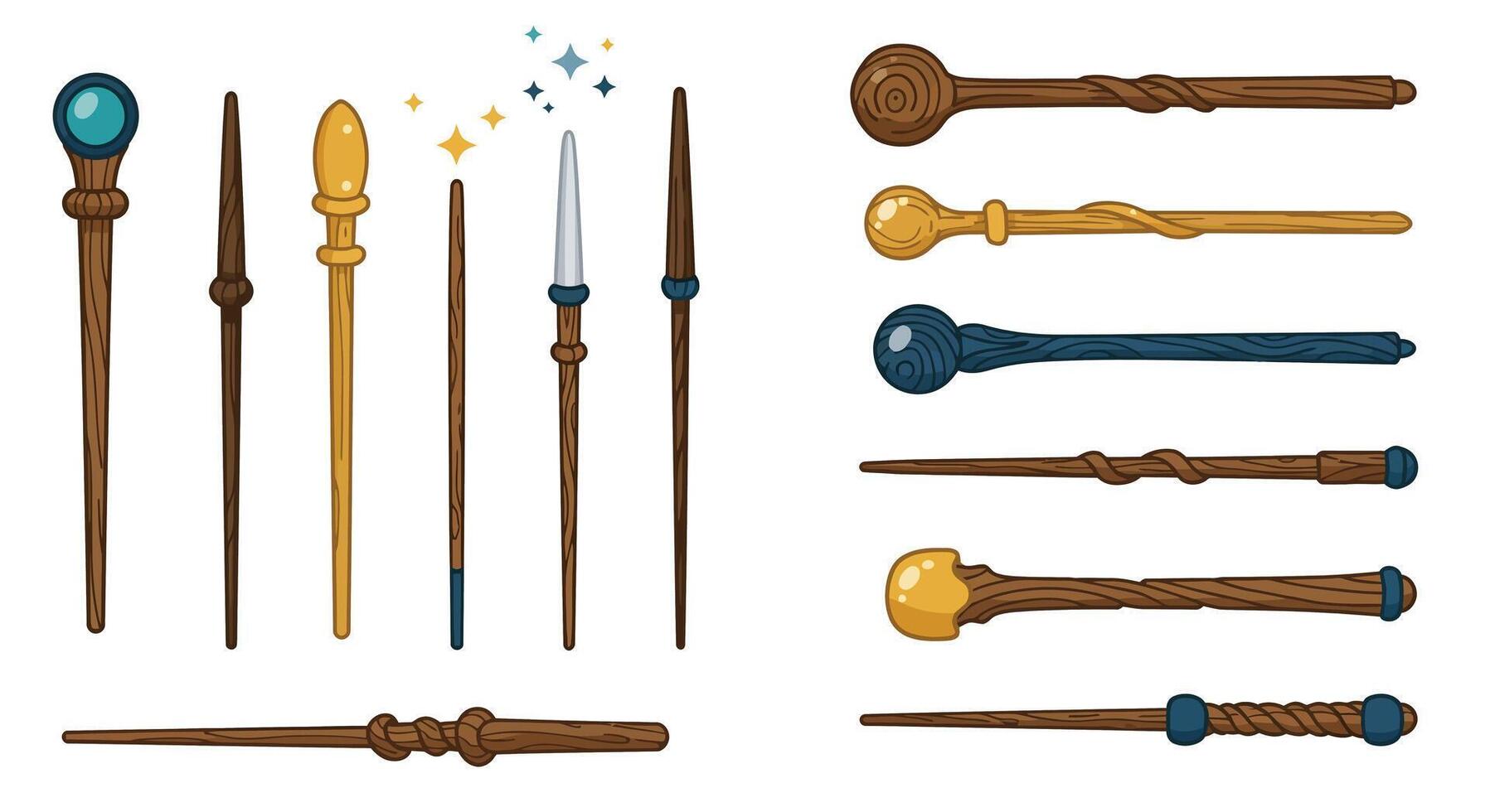 Detailed illustration of various magical wands in flat art style vector