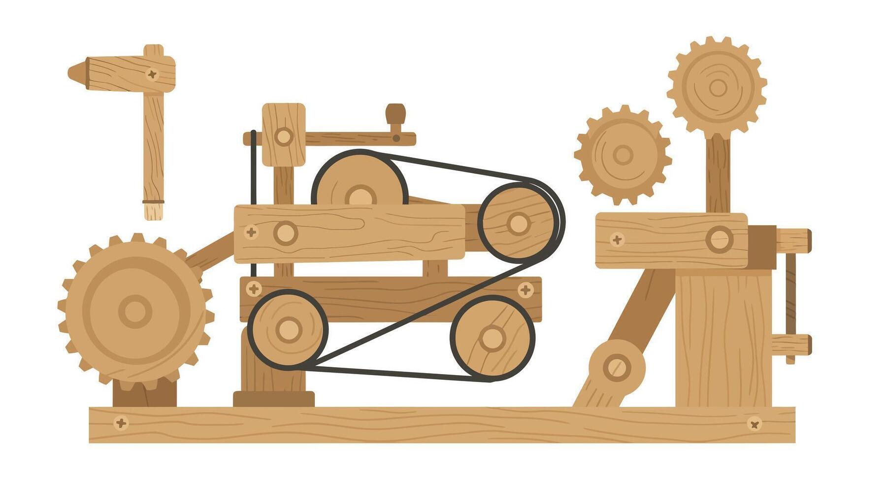 Wooden mechanical device in flat design showcasing movement in art vector