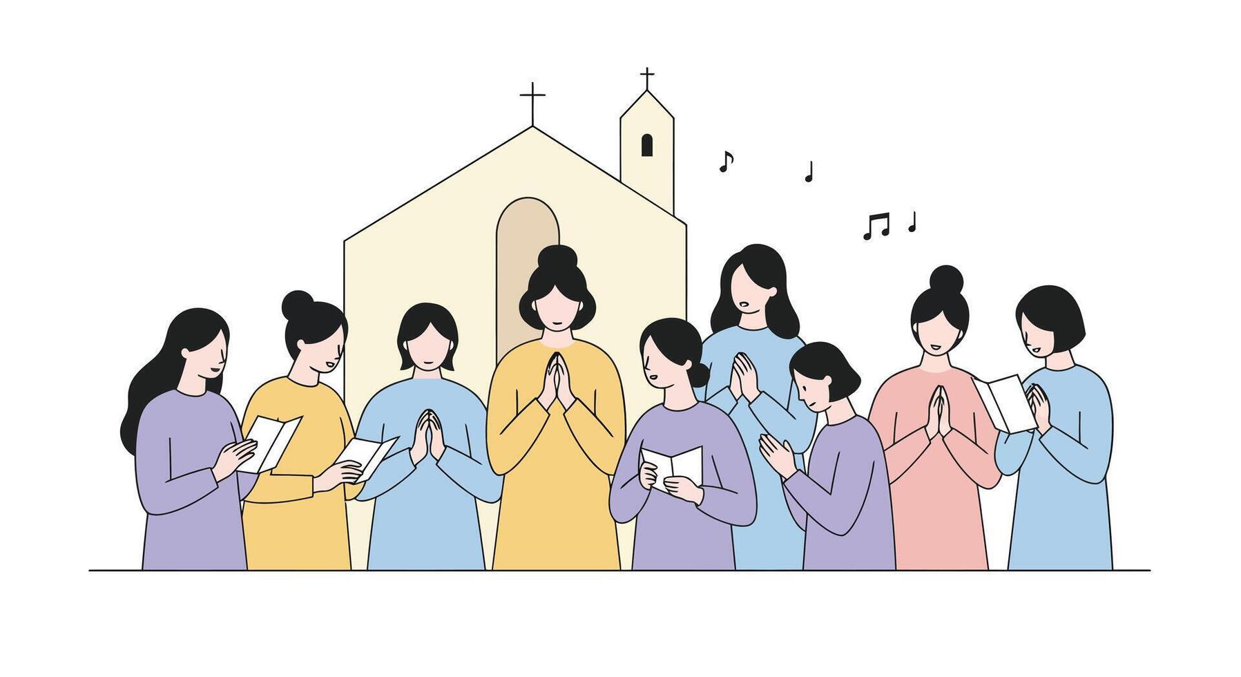Group of women singing in front of a church in flat art vector