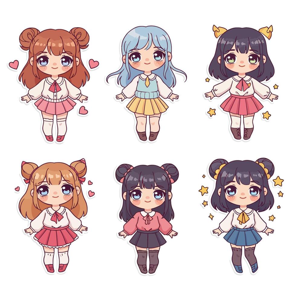Cute anime-style characters showcasing different outfits in flat art vector