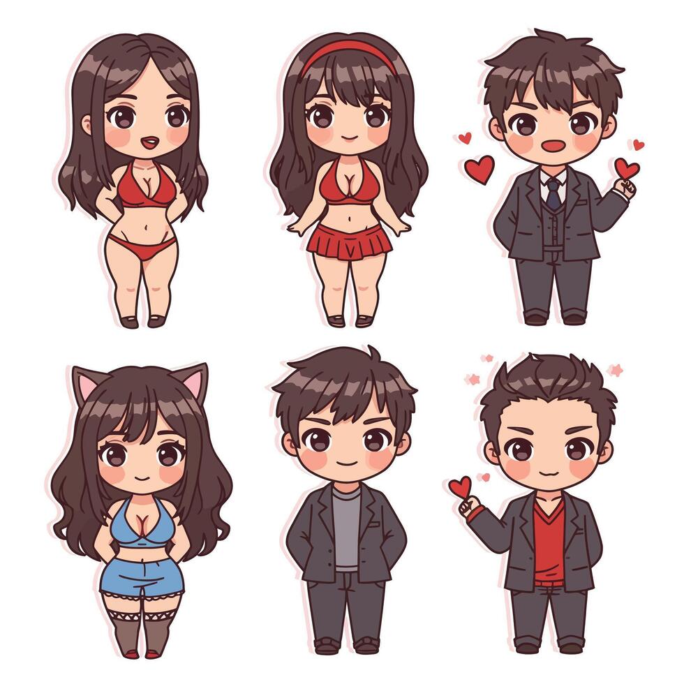 Cute chibi characters displaying emotions in flat and colorful art vector