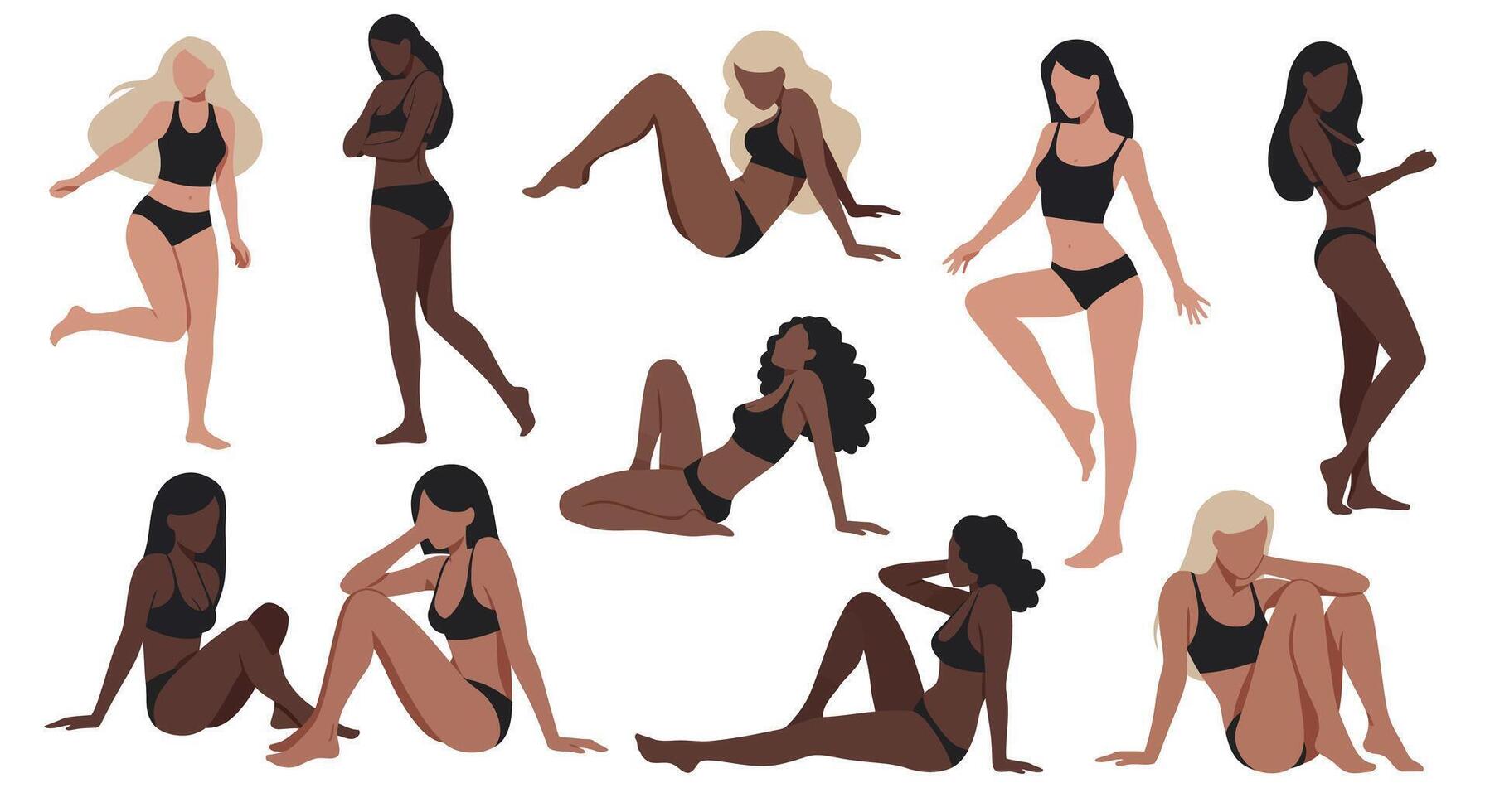 Diverse group of women in various poses in flat art style illustration vector