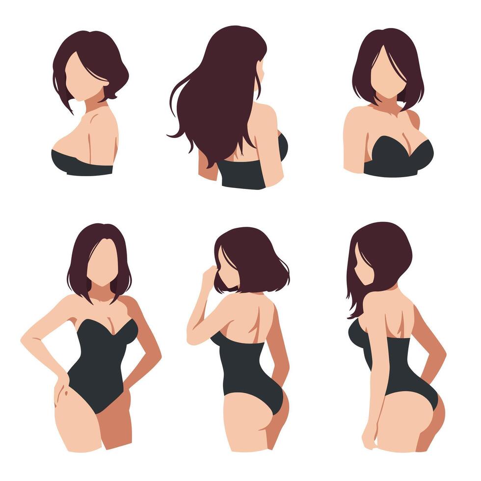 Female figure poses in various angles, flat design style, illustration vector