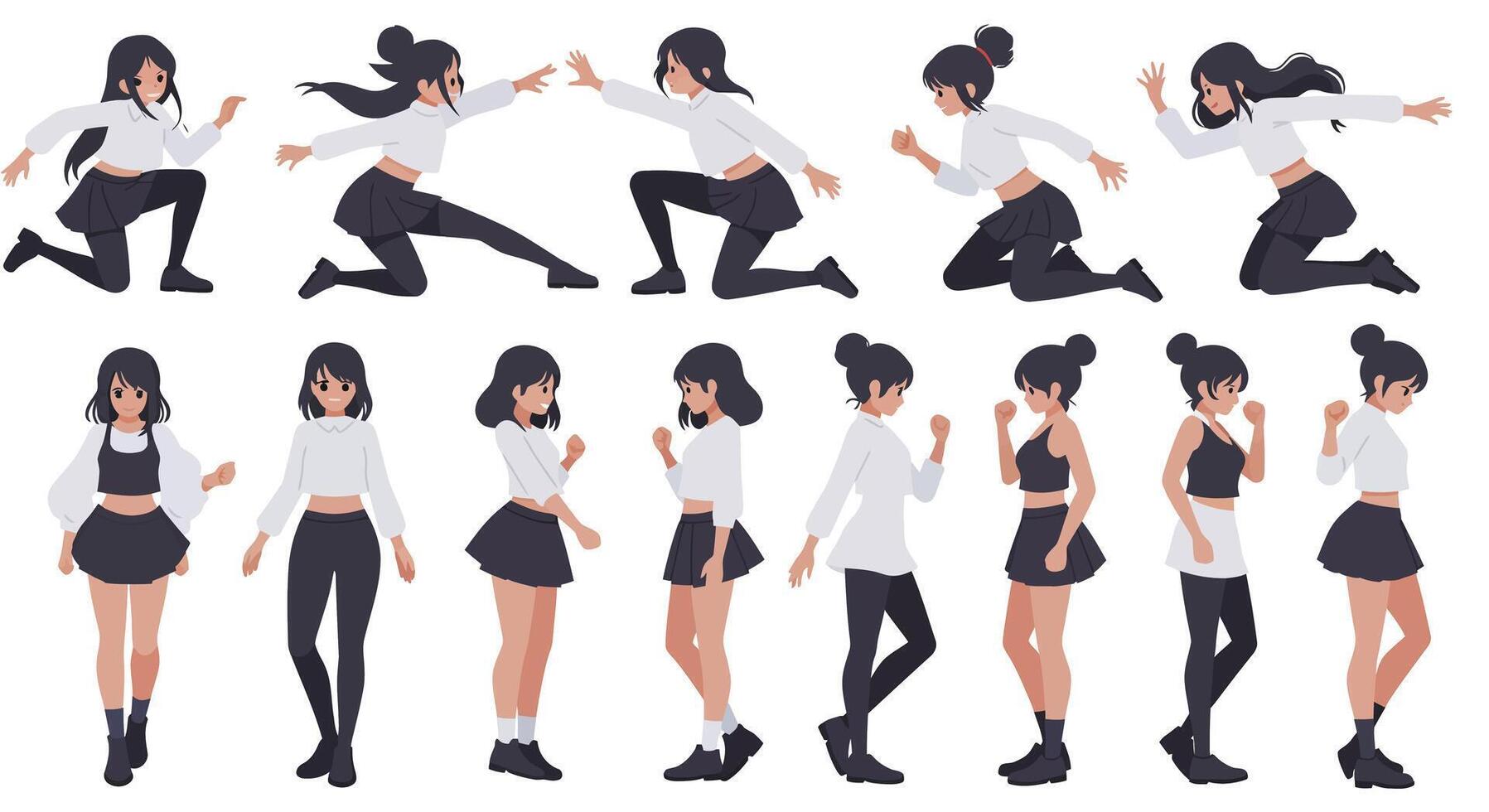 Dynamic character poses in flat design showcasing movement and interaction art vector