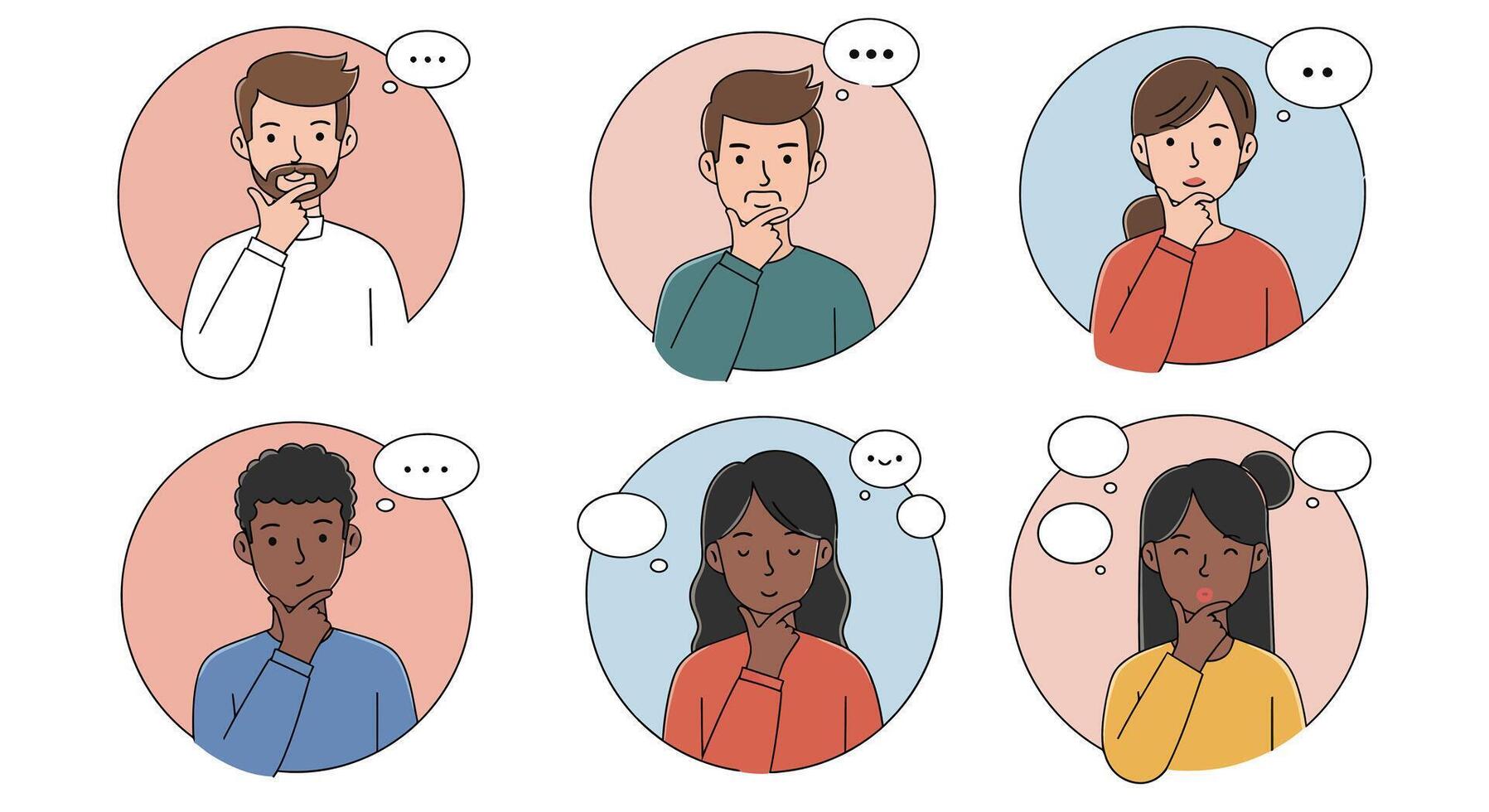 Group of diverse individuals showing different expressions of contemplation and thoughtfulness vector