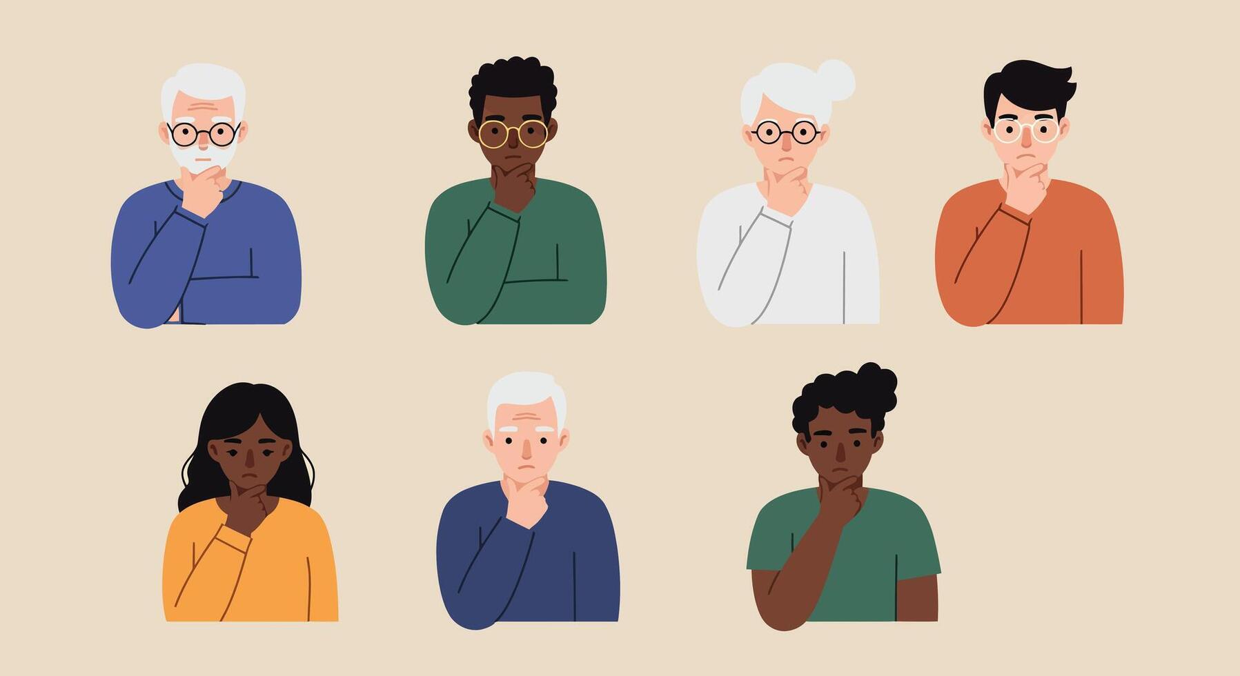 Diverse group of people expressing contemplation with thoughtful facial expressions and hand gestures vector