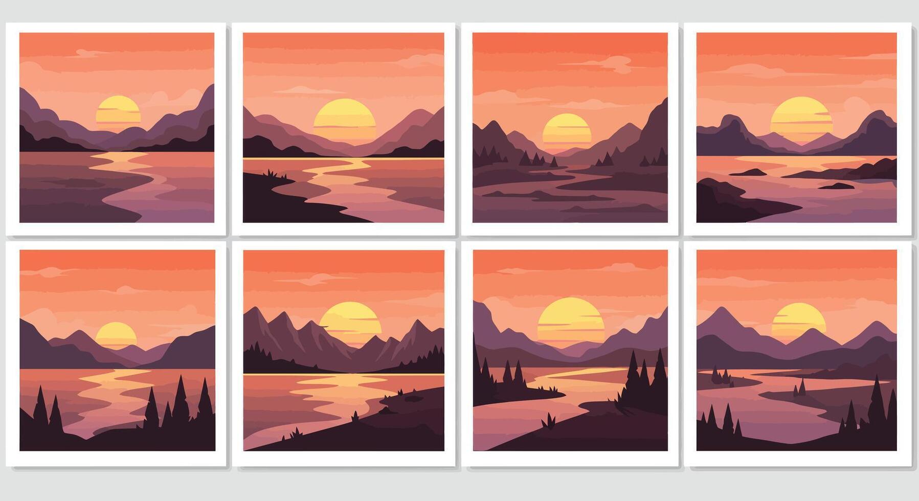 Eight framed landscapes depicting sunset transformations over mountains and water bodies vector
