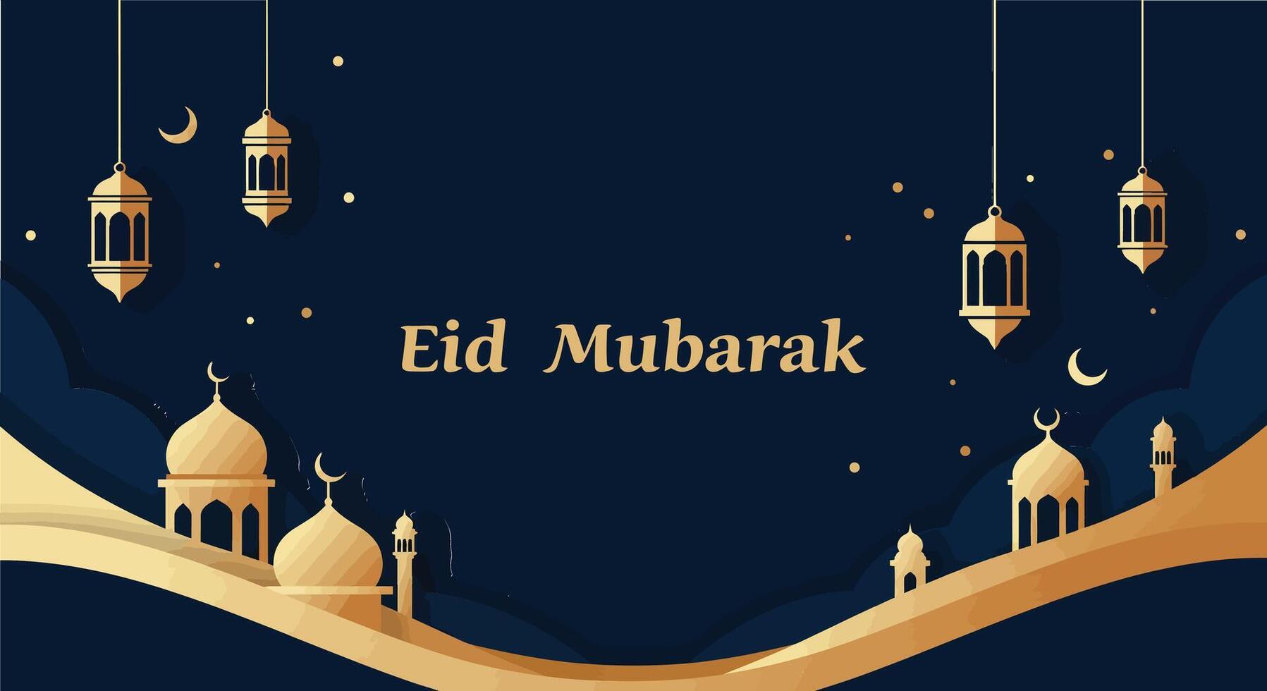 Elegant Eid Mubarak greeting card with lanterns and crescent moon design elements vector