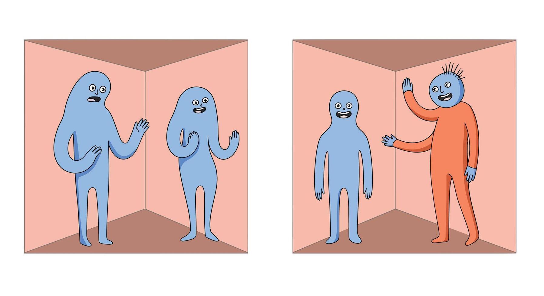 Two cartoon characters interacting in a room with a change in color and mood vector