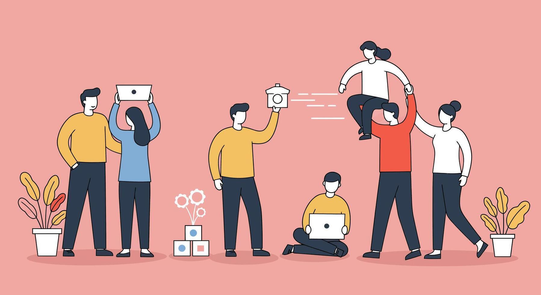 Team members celebrating success with dynamic actions and positive expressions in a colorful environment vector