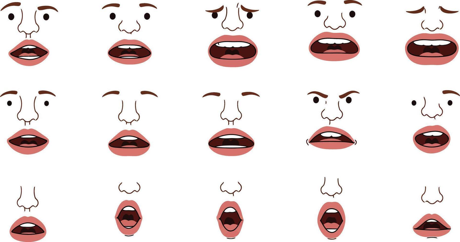 Expressions showing a range of emotions with various facial features and mouth shapes vector