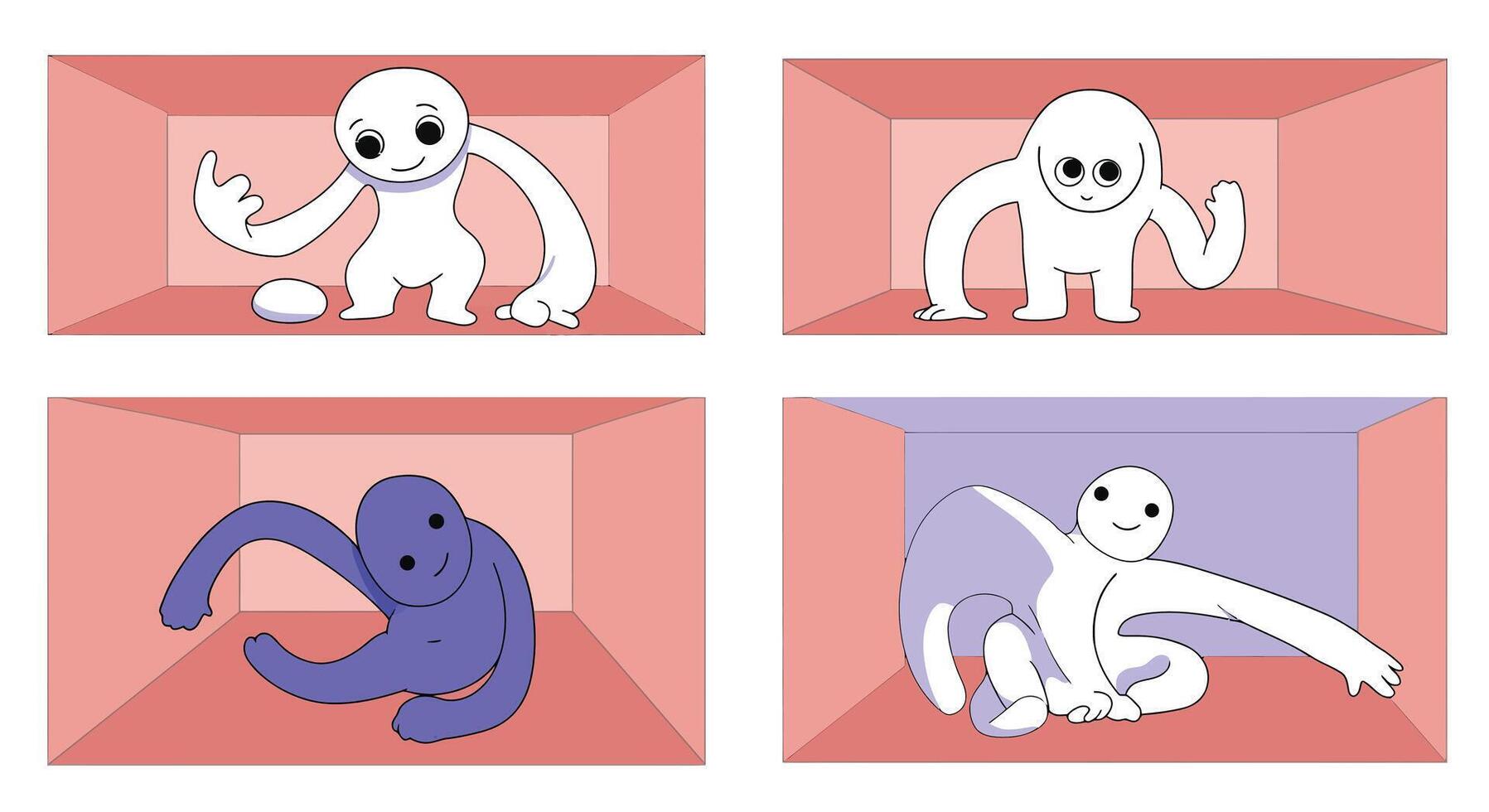Animated characters transitioning between playful poses in colorful environments vector