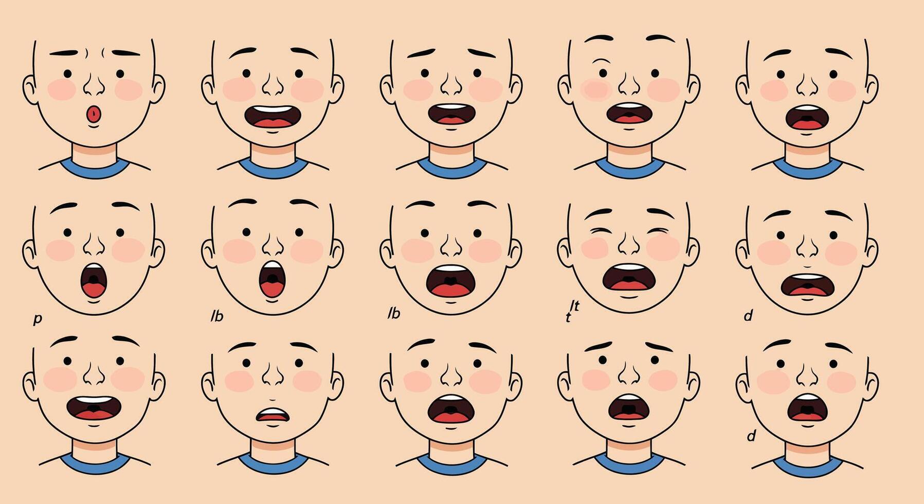 Multiple facial expressions of a cartoon character showcasing various emotions and reactions vector