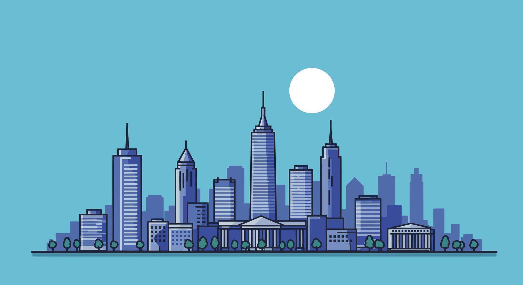 Modern city skyline illustration featuring tall buildings and a bright sun in the background vector