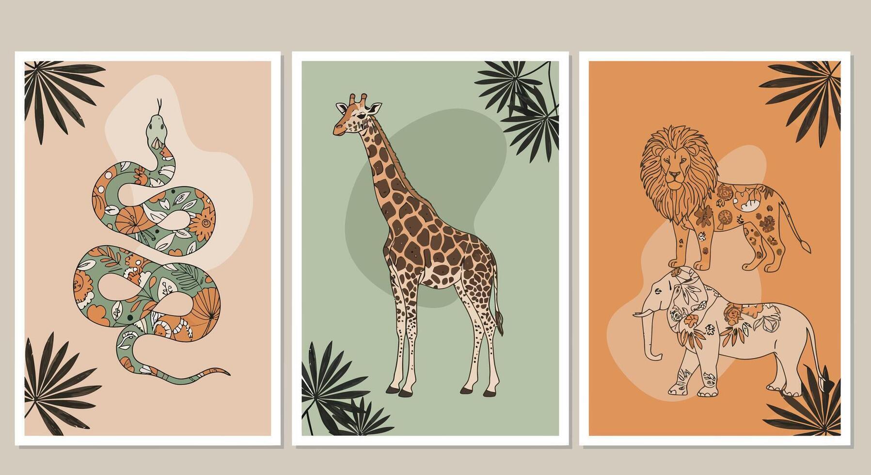 Colorful animal illustrations featuring a snake, giraffe, and lion in artistic styles vector