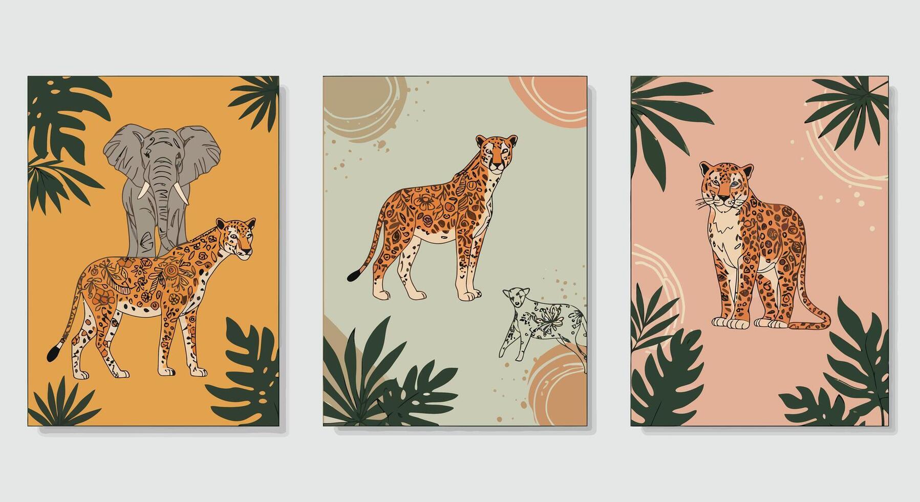 Three illustrated animal portraits featuring a leopard, elephant, and cheetah with vibrant backgrounds vector