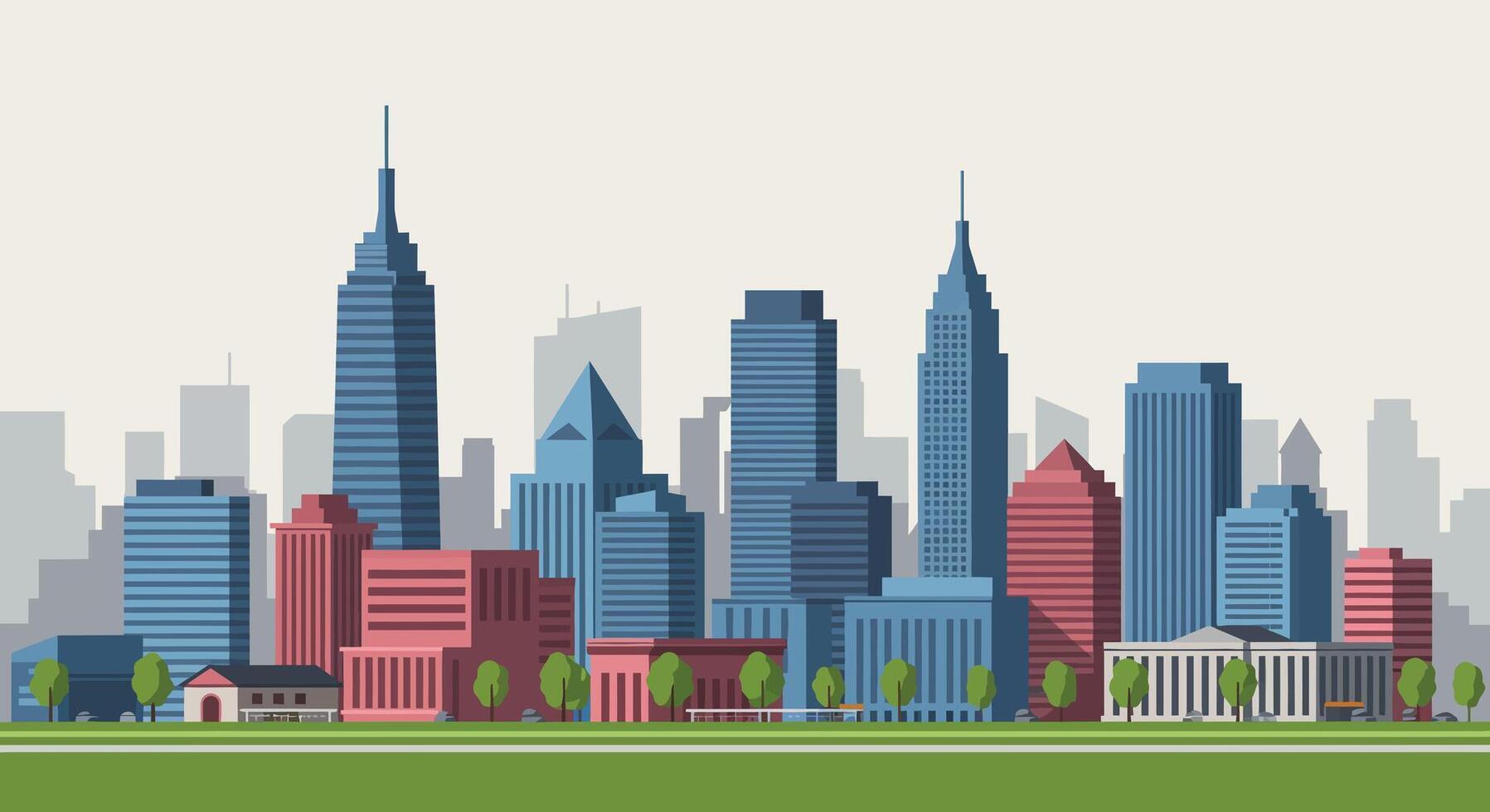 Colorful city skyline with modern buildings and green park in foreground vector