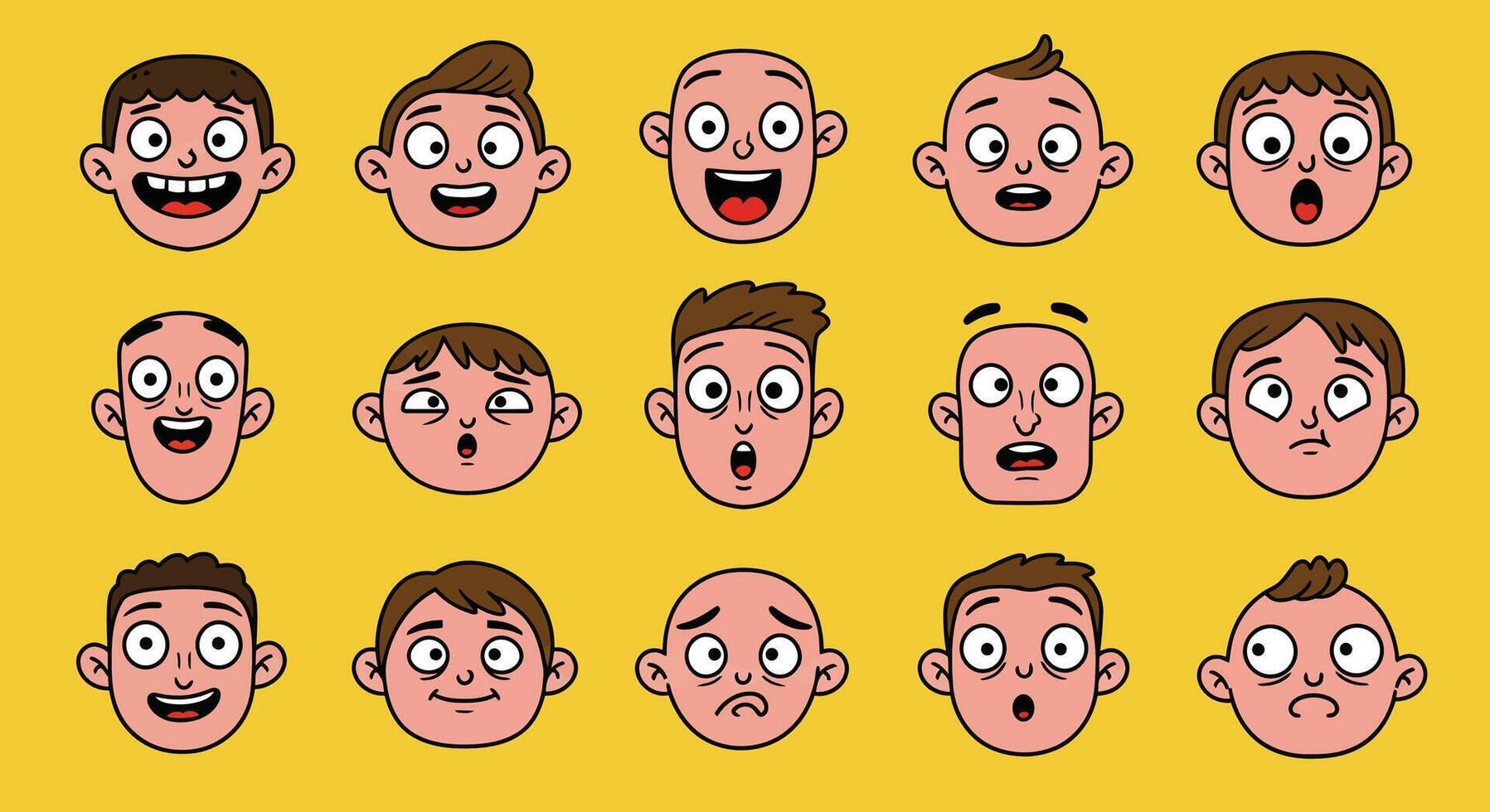Variety of cartoon facial expressions displayed on a bright yellow background vector
