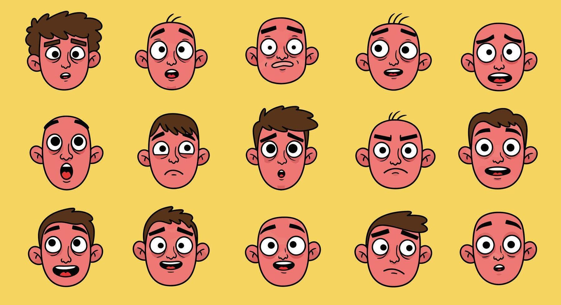 Various cartoon facial expressions showcasing different emotions and reactions in a playful style vector