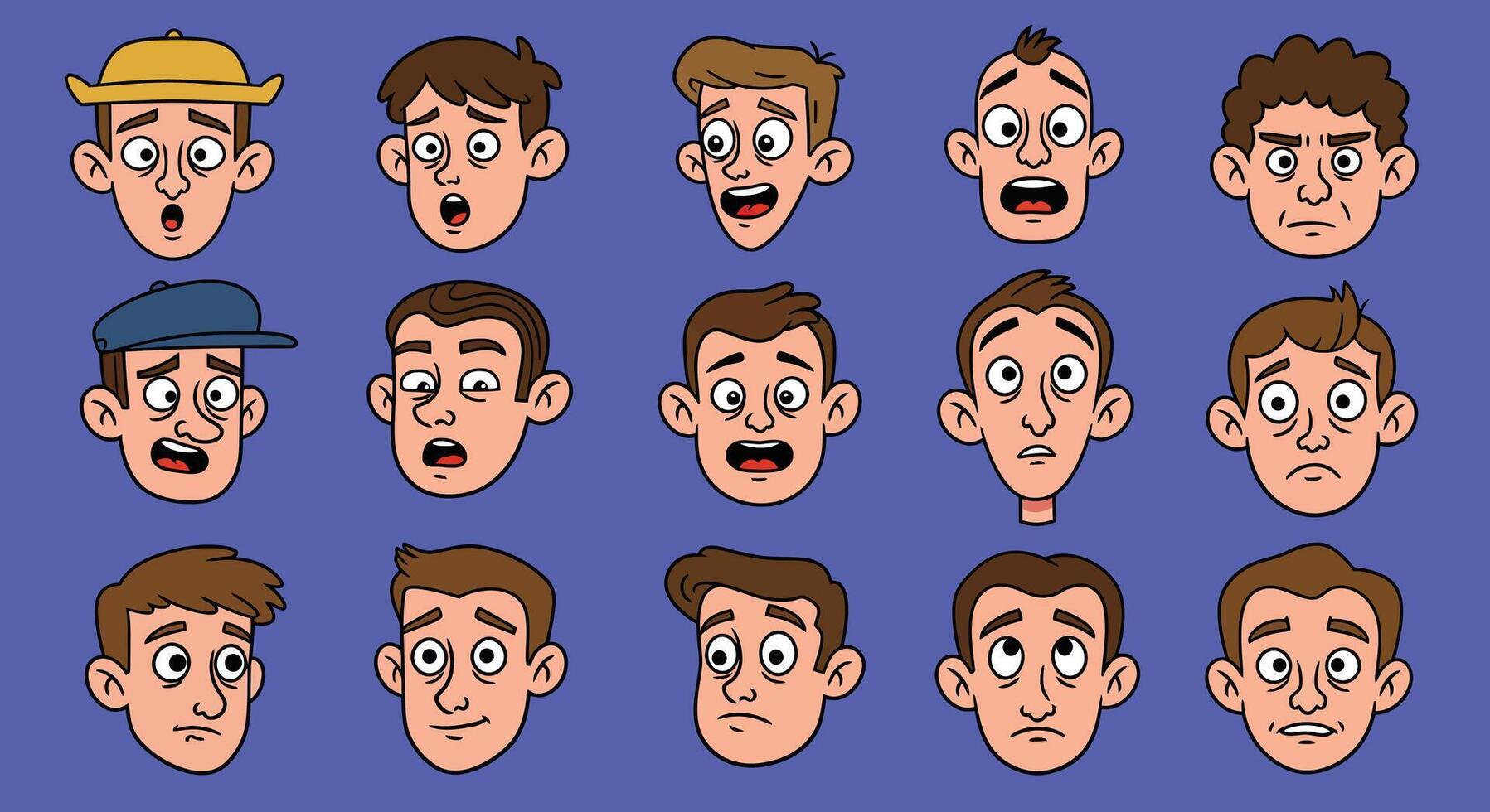 Animated character expressions showcasing a variety of emotions and reactions in cartoon style vector