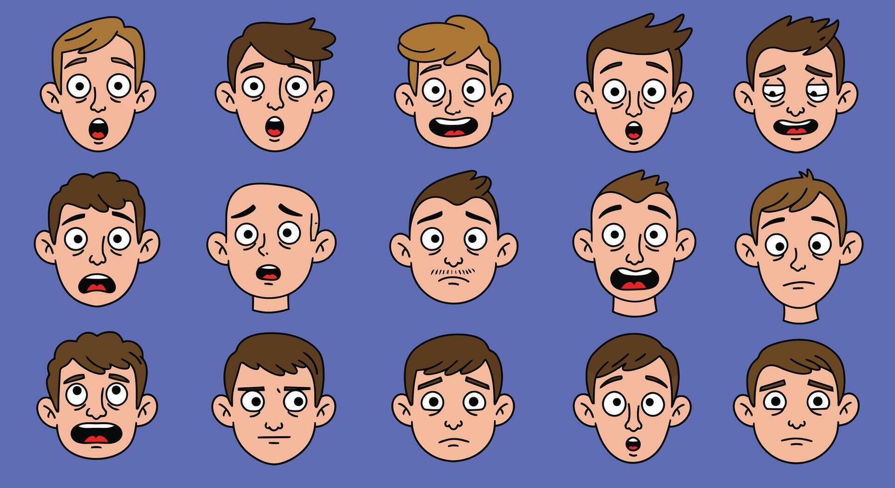 Illustrated emotions showing various facial expressions in a grid layout vector