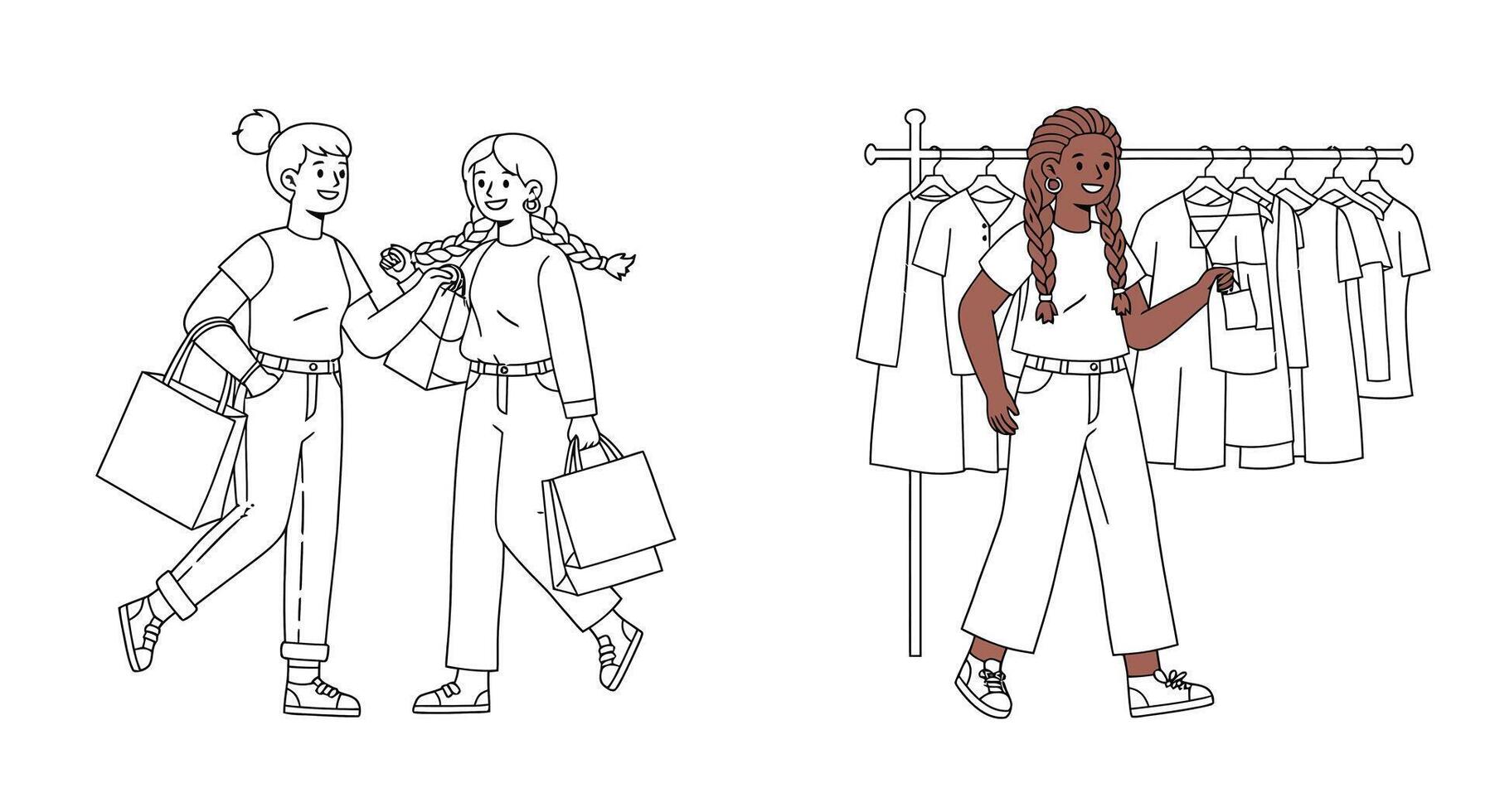 Two women shopping together and one browsing clothes on a rack vector